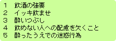 1 飲酒の強要,2 イッキ飲ませ,3 酔いつぶし,4 飲めない人への配慮を欠くこと,5 酔ったうえでの迷惑行為